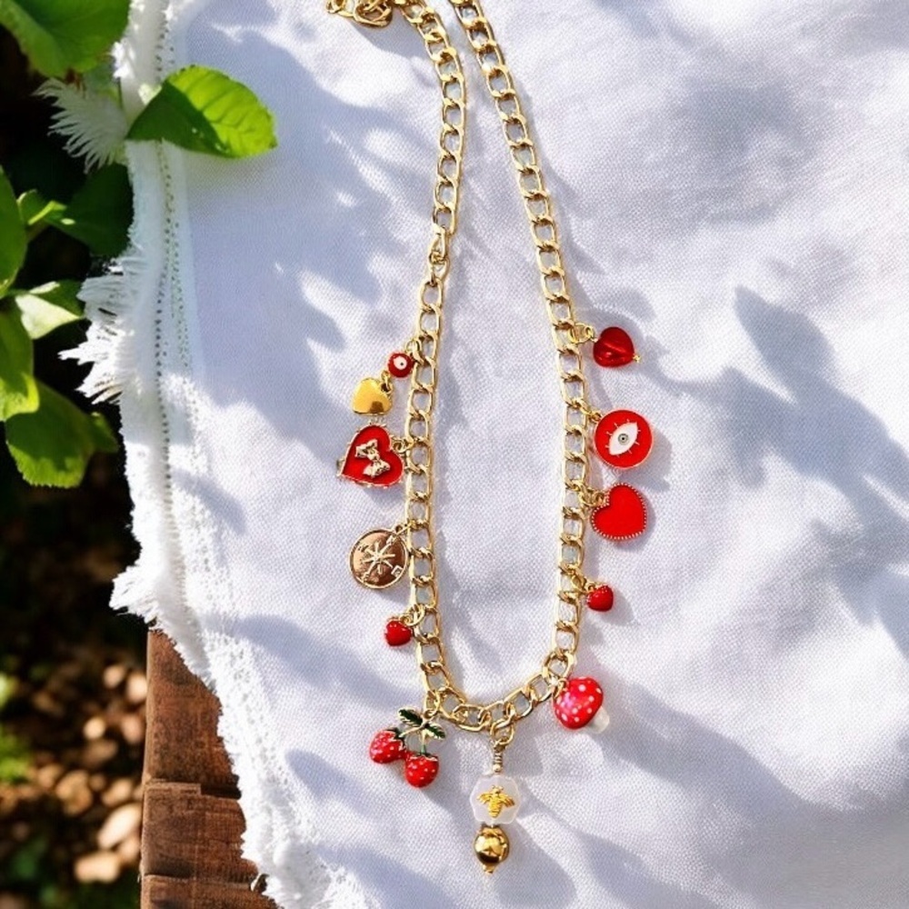 Gold Toned and Red Charm Necklace Enamel Glass Ceramic Crystal 20” - Picture 9 of 17